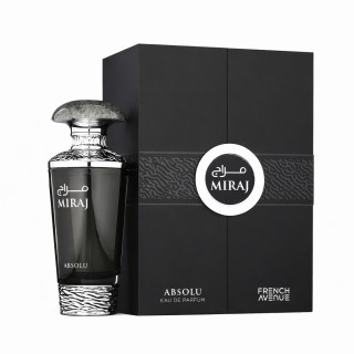 Fragrance World Miraj Absolu EDP 100 ml — product en verpakking; close-up; op een witte achtergrond; meest nabije kadrering