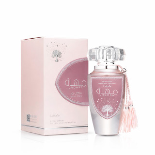 Lattafa Perfume Mohra Silky Rose EDP 100 ml — tuote ja pakkaus; koko sommitelma; valkoisella taustalla; tiukin rajaus