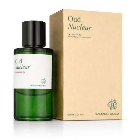 Fragrance World Oud Nuclear EDP 60 ml — товар и упаковка; крупный план; на белом фоне