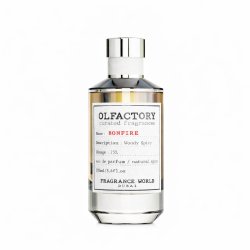 Fragrance World Olfactory Bonfire EDP 100 ml — prodotto visto frontalmente; composizione completa; su sfondo bianco