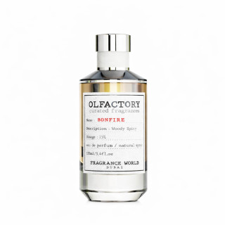 Fragrance World Olfactory Bonfire EDP 100 ml — prodotto visto frontalmente; composizione completa; su sfondo bianco