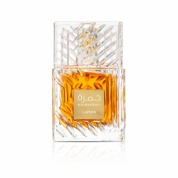 Lattafa Perfume Khamrah EDP 100 ml — prodotto visto frontalmente; composizione completa; su sfondo bianco