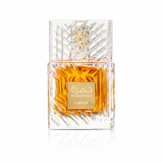 Lattafa Perfume Khamrah EDP 100 ml — prodotto visto frontalmente; composizione completa; su sfondo bianco