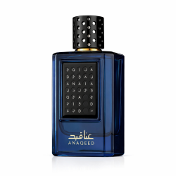Fragrance World Anaqeed EDP 100 ml — produs văzut din față; compoziție completă; pe fundal alb