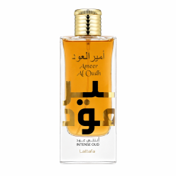 Lattafa Perfume Ameer Al Oudh Intense EDP 100 ml — produs văzut din față; prim-plan; pe fundal alb
