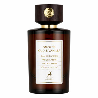 Lattafa Perfume Smoked Oud & Vanilla Maison EDP 100 ml — toode eestvaates; lähivaade; valgel taustal