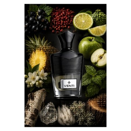 Fragrance World Venti EDP 100 ml — toode stiliseeritud keskkonnas; väga lähivõte; lõhna koostisosadega