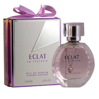 Fragrance World Eclat La Violette EDP 100 ml — toode ja pakend; väga lähivõte; valgel taustal