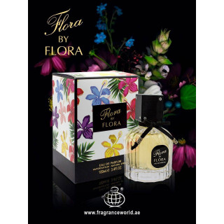 Fragrance World Flora by Flora EDP 100 ml — toode ja pakend; väga lähivõte; valgel taustal; keskmine kadreering