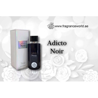 Fragrance World Adicto Noir EDP 100 ml — produktas ir pakuotė; artimas vaizdas; baltame fone