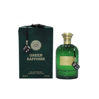 Fragrance World Green Sapphire EDP 100 ml — продукт и опаковка; цялостна композиция; на бял фон