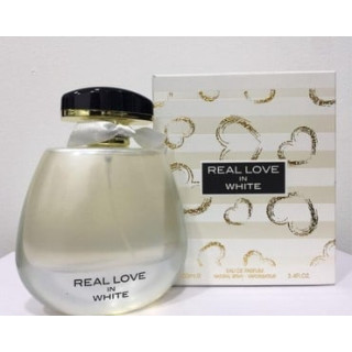 Fragrance World Real Love In White EDP 100 ml — produktas ir pakuotė; artimas vaizdas; baltame fone; artimiausias kadras