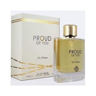 Fragrance World Proud of You for Her EDP 100 ml — Produkt und Verpackung; vollständige Komposition; auf weißem Hintergrund