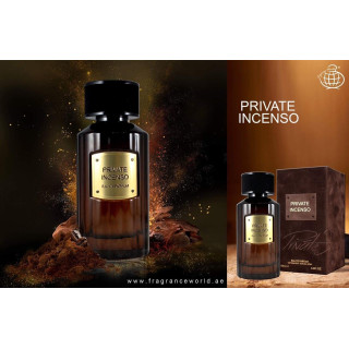 Fragrance World Private Incenso EDP 100 ml — Produkt in inszenierter Umgebung; sehr nahe Detailaufnahme; auf weißem Hintergrund