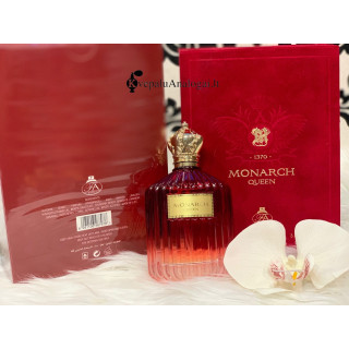 Fragrance World Monarch Queen EDP 100 ml — produktas ir pakuotė; stambus planas; baltame fone; plačiausias kadras