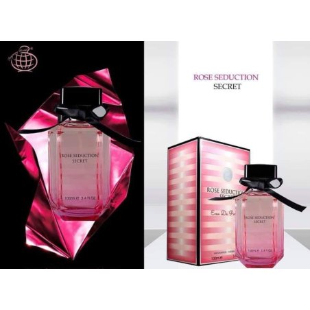 Fragrance World Rose Seduction Secret EDP 100 ml — товар и упаковка; крупный план; на белом фоне; самый близкий кадр