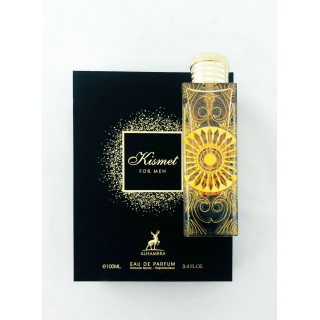 Lattafa Perfume Kismet EDP 100 ml — produktas ir pakuotė; artimas vaizdas; baltame fone