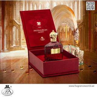 Fragrance World Monarch Queen EDP 100 ml — produktas stilizuotoje aplinkoje; stambus planas; informacinė produkto grafika