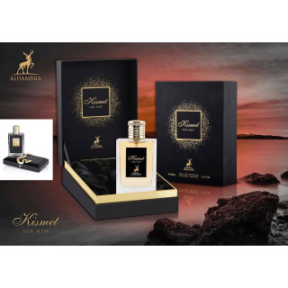 Lattafa Perfume Kismet EDP 100 ml — produktas stilizuotoje aplinkoje; stambus planas; baltame fone