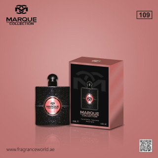 Fragrance World Marque 109 EDP 25 ml — toode ja pakend; lähivaade; värvilisel taustal