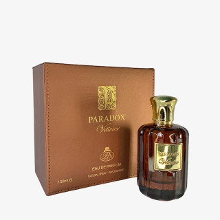 Fragrance World Paradox Vetiver EDP 100 ml — товар и упаковка; крупный план; на белом фоне; самый близкий кадр