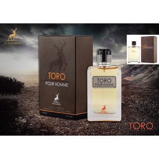 Lattafa Perfume Toro EDP 100 ml — товар в стилизованной композиции; очень крупный план; на открытом воздухе