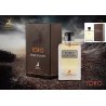 Lattafa Perfume Toro EDP 100 ml — товар в стилизованной композиции; очень крупный план; на открытом воздухе