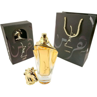 Lattafa Perfume MAAHIR EDP 100 ml — toode ja pakend; lähivaade; valgel taustal; lähim kadreering