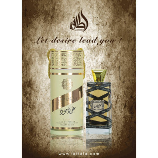 Lattafa Perfume Oud Mood EDP 100 ml — productweergave; zeer nabije close-up; op een witte achtergrond