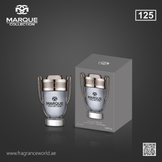 Fragrance World Marque 125 EDP 25 ml — produs și ambalaj; prim-plan; pe fundal închis