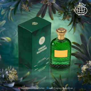 Fragrance World Green Sapphire EDP 100 ml — продукт в стилизирана композиция; много близък план; на тъмен фон