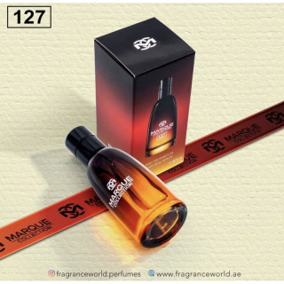 Fragrance World Marque 127 EDP 25 ml — producto y embalaje; primerísimo plano; sobre fondo claro