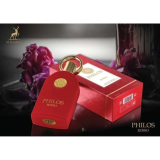 Lattafa Perfume Philos Rosso EDP 100 ml — упаковка товара; очень крупный план; на белом фоне