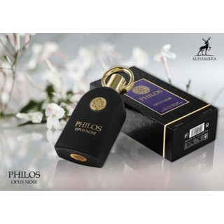 Lattafa Perfume PHILOS OPUS NOIR EDP 100 ml — упаковка товара; очень крупный план; на белом фоне