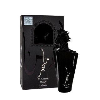 Lattafa Perfume MAAHIR Black EDP 100 ml — товар и упаковка; крупный план; на белом фоне