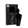Lattafa Perfume MAAHIR Black EDP 100 ml — товар и упаковка; крупный план; на белом фоне