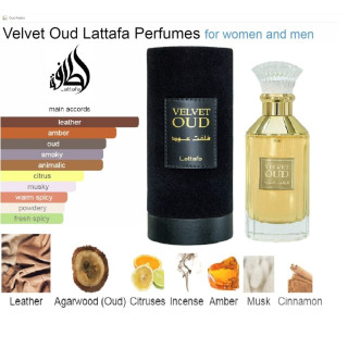 Lattafa Perfume Velvet Oud EDP 100 ml — изображение товара; крупный план; информационная графика товара