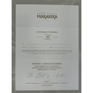MARABIKA Dāvanu karte 30 € — produkta skats; ļoti tuvs plāns; produkta informatīvā grafika; tuvs kadrējums