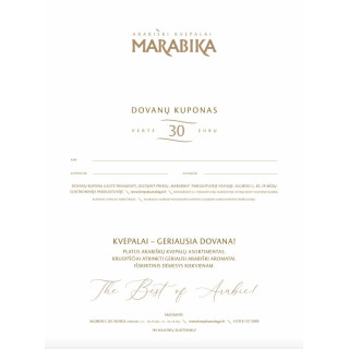 MARABIKA Cartão-presente de 30 € — produto visto de frente; grande plano; gráfico informativo do produto