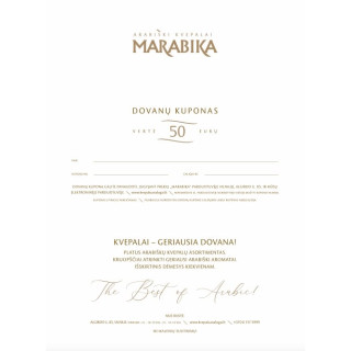 MARABIKA Kinkekaart 50 € — toode eestvaates; lähivaade; toote infograafika