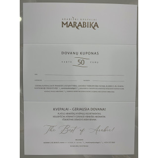 MARABIKA Dāvanu karte 50 € — produkta skats; ļoti tuvs plāns; produkta informatīvā grafika; tuvs kadrējums