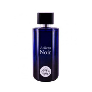 Fragrance World Adicto Noir EDP 100 ml — produkto vaizdas; visa kompozicija; baltame fone; plačiausias kadras