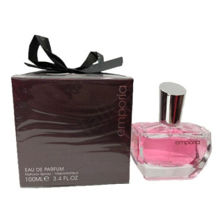 Fragrance World Emporia EDP 100 ml — produto e embalagem; grande plano; sobre fundo branco; enquadramento mais amplo