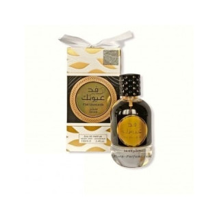 Lattafa Perfume Fid Uyonik Sehr EDP 100 ml — товар и упаковка; широкая композиция; на белом фоне