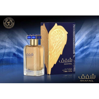 Lattafa Perfume Shafaq EDP 100 ml — товар и упаковка; очень крупный план; информационная графика товара