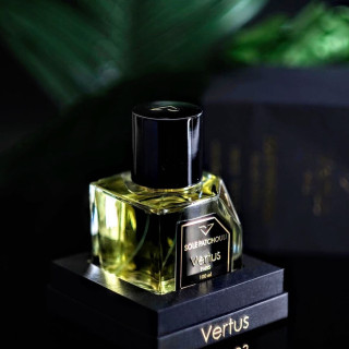 Vertus Paris Niche Perfume Sole Patchouli EDP 100 ml — товар и упаковка; крупный план; на тёмном фоне