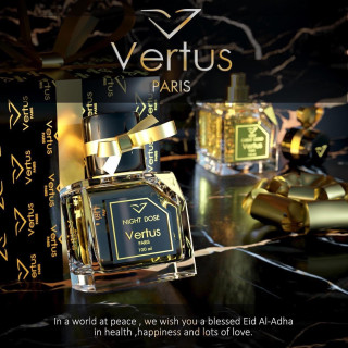 Vertus Paris Niche Perfume NIGHT DOSE EDP 100 ml — productweergave; zeer nabije close-up; op een donkere achtergrond