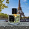 Vertus Paris Niche Perfume Bois Et Cuir EDP 100 ml — товар в стилизованной композиции; очень крупный план; среди зелени