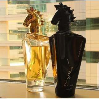 Lattafa Perfume MAAHIR EDP 100 ml — toote vaade; väga lähivõte; värvilisel taustal