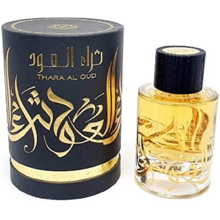 Lattafa Perfume Thara Al Oud EDP 100 ml — produkto vaizdas; stambus planas; baltame fone
